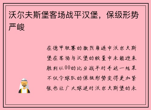 沃尔夫斯堡客场战平汉堡，保级形势严峻